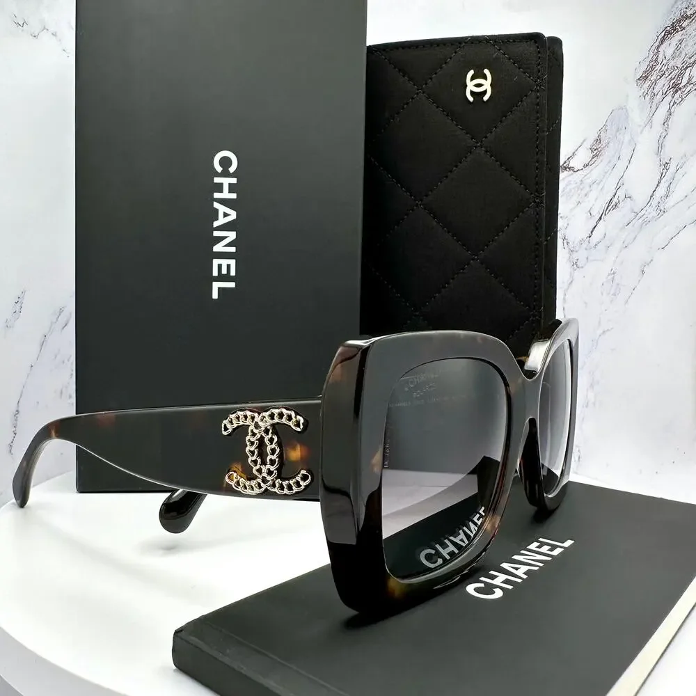 New CHANEL Sunglasses Brown Acetate Tortoise Square Gold Metal Chain CC - Picture 5 of 16